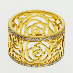 CHANEL Camellia Diamond Flowers Wide Gold Ring Size 7