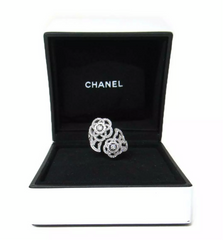 CHANEL Diamond Camelia 18KT White Gold Bypass Ring Size 5.5
