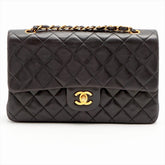 CHANEL Black Lambskin Leather 25cm Double Flap Bag w/ 24KT Gold Hardware