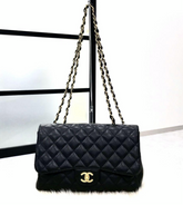CHANEL Black Caviar Gold Hardware Jumbo Flap Bag