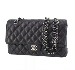 CHANEL Black Caviar Leather Silver Hardware 25 Double Flap Handbag