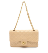 CHANEL Beige Lambskin Leather 24KT Gold Hardware Double Flap Bag