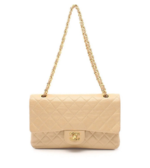 CHANEL Beige Lambskin Leather 24KT Gold Hardware Double Flap Bag