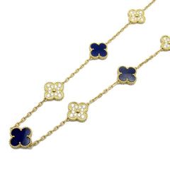 Rare Van Cleef & Arpels Paris Vendome Vintage Alhambra Diamond Blue Porcelain Necklace