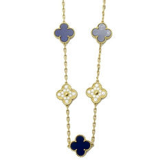 Rare Van Cleef & Arpels Paris Vendome Vintage Alhambra Diamond Blue Porcelain Necklace
