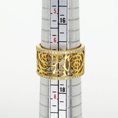 CHANEL Camellia Diamond Flowers Wide Gold Ring Size 7