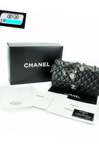 CHANEL CC Embellishments Double Flap Black Caviar Handbag