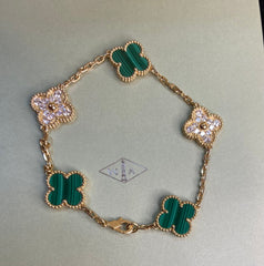 Van Cleef & Arpels Diamond Malachite Vintage Alhambra Yellow Gold Bracelet