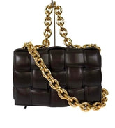 Bottega Veneta Chain Cassette Padded Interacciato Black Leather Gold Hardware Bag