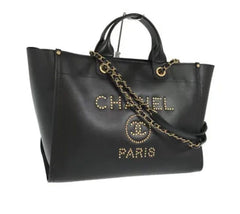 CHANEL Caviar Gold Hardware Studded Deauville GM Tote Handbag