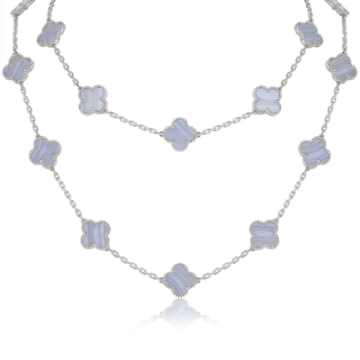 Van Cleef Arpels Vintage Alhambra 20 motifs Long Necklace, White Gold, Chalcedony