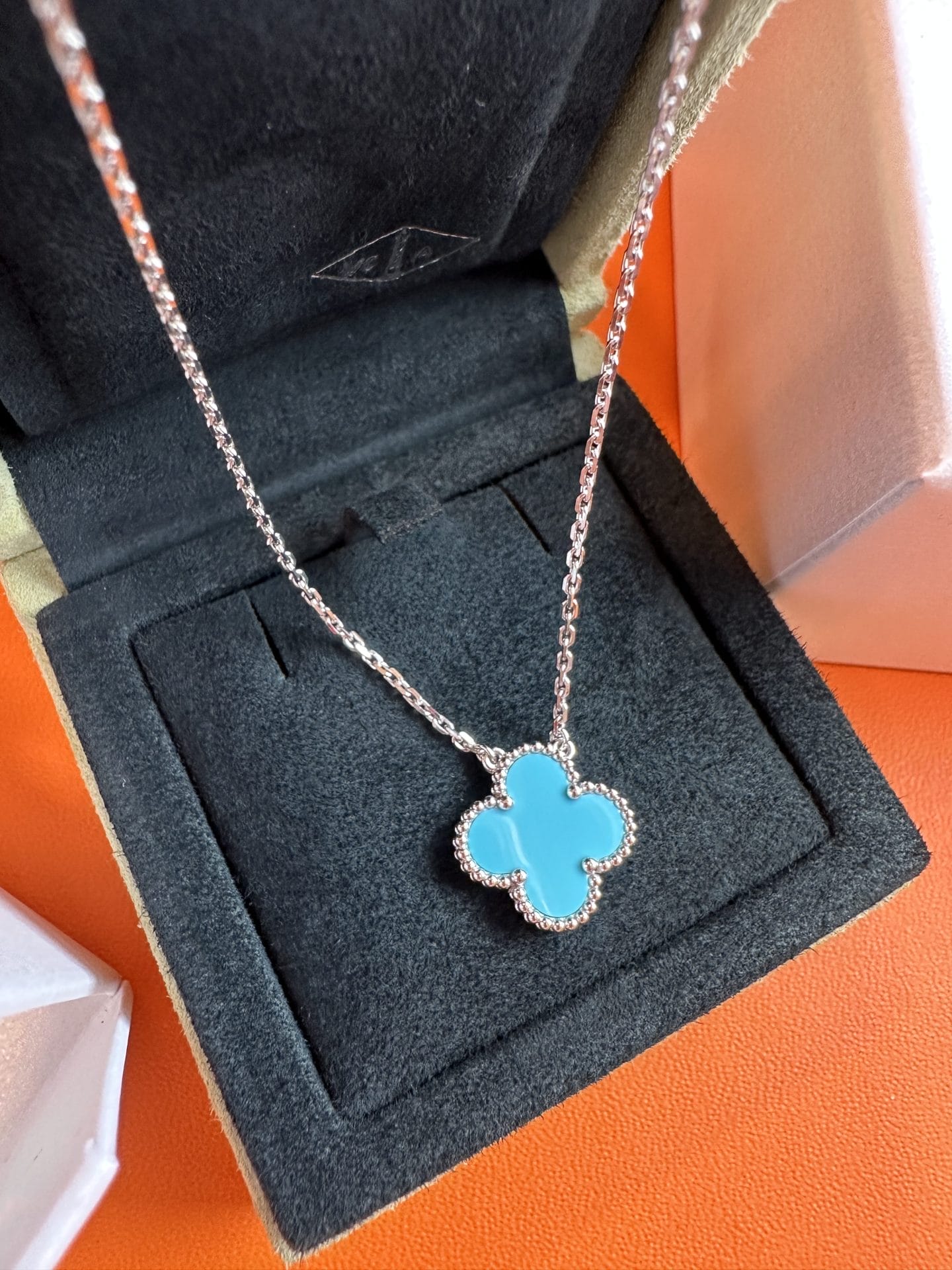 Van Cleef Arpels Turquoise Vintage Alhambra Pendant Necklace, White Gold