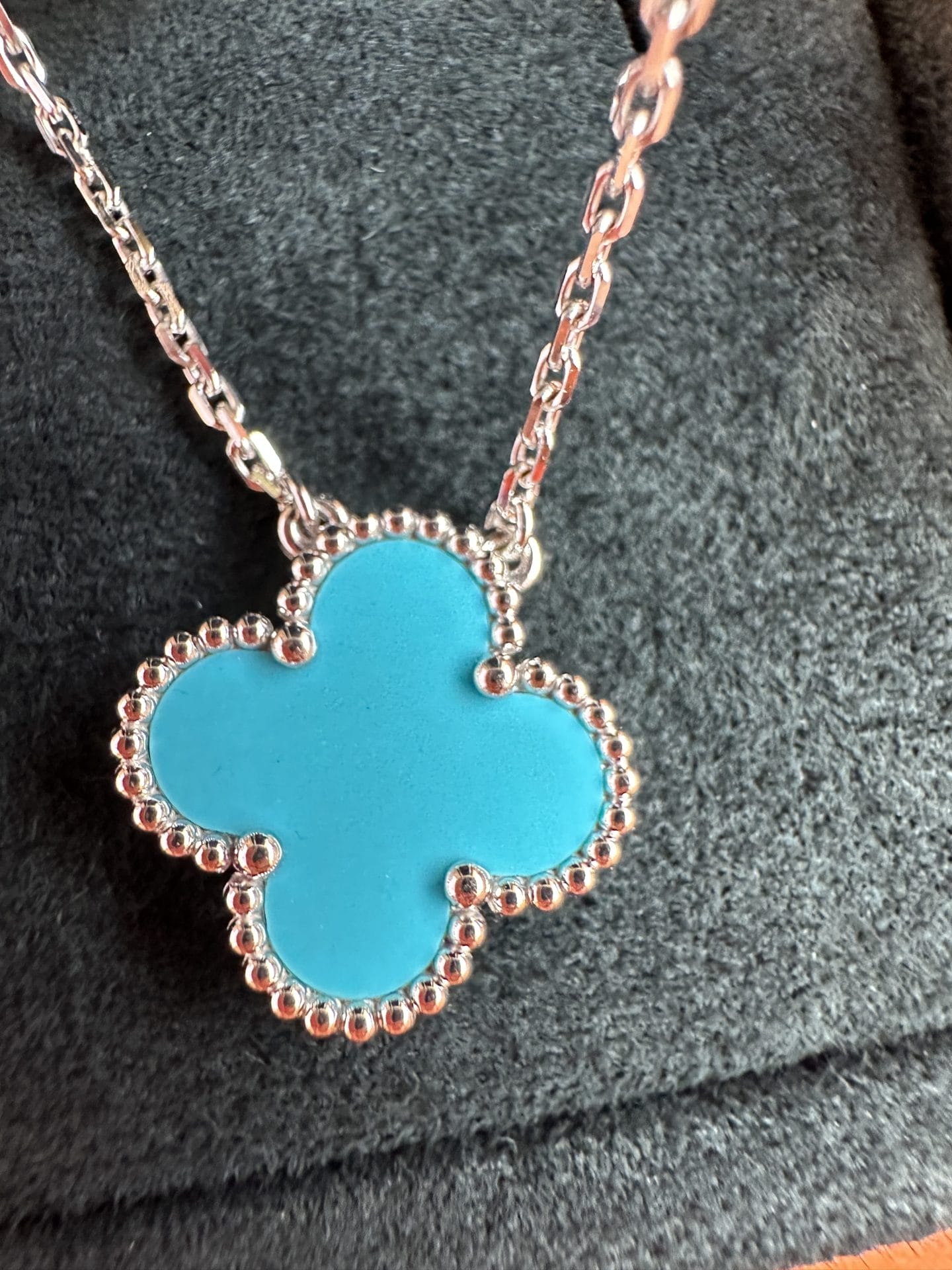 Van Cleef Arpels Turquoise Vintage Alhambra Pendant Necklace, White Gold