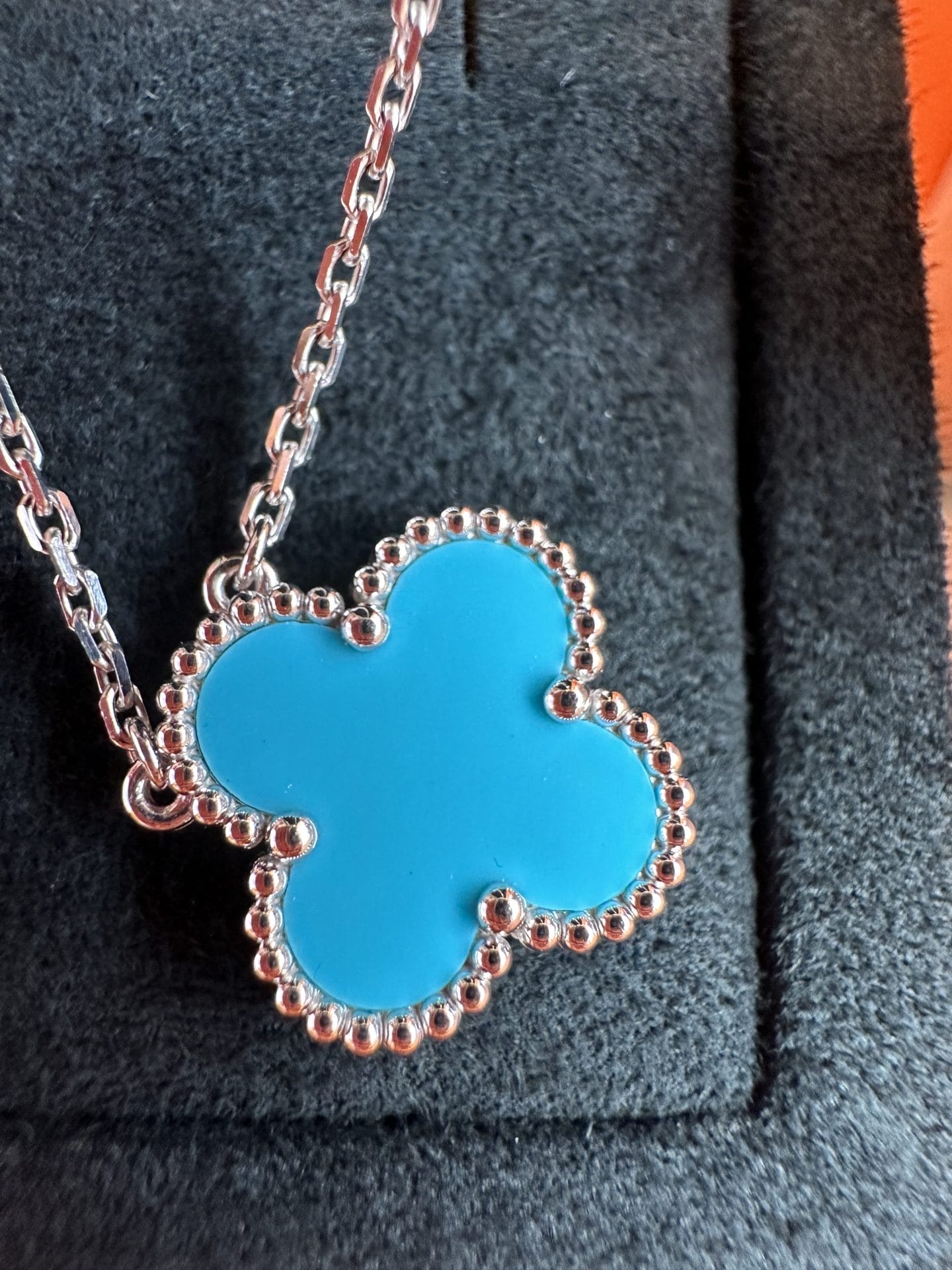 Van Cleef Arpels Turquoise Vintage Alhambra Pendant Necklace, White Gold