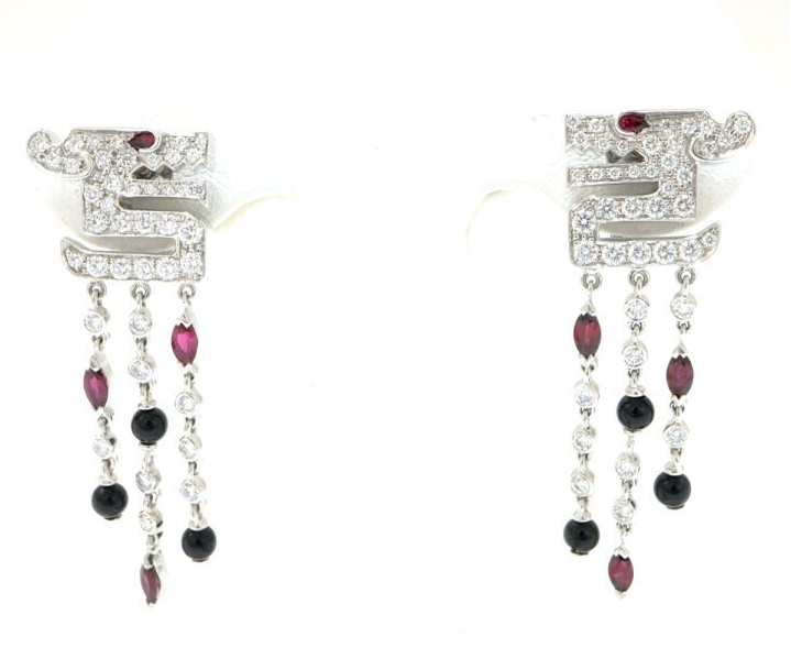 Rare Cartier Du Dragon Diamond Ruby Onyx Dangle Earrings