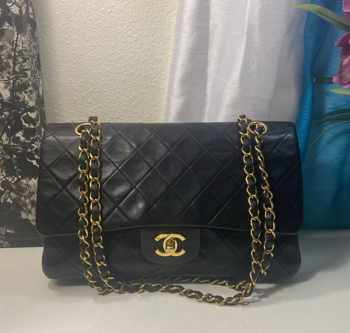 CHANEL Black Lambskin Double Flap 25 GHW Shoulder Handbag