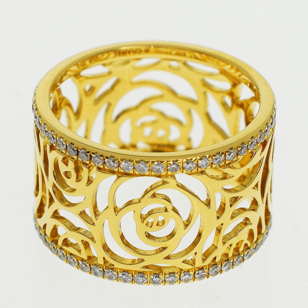 CHANEL Camellia Diamond Flowers Wide Gold Ring Size 7