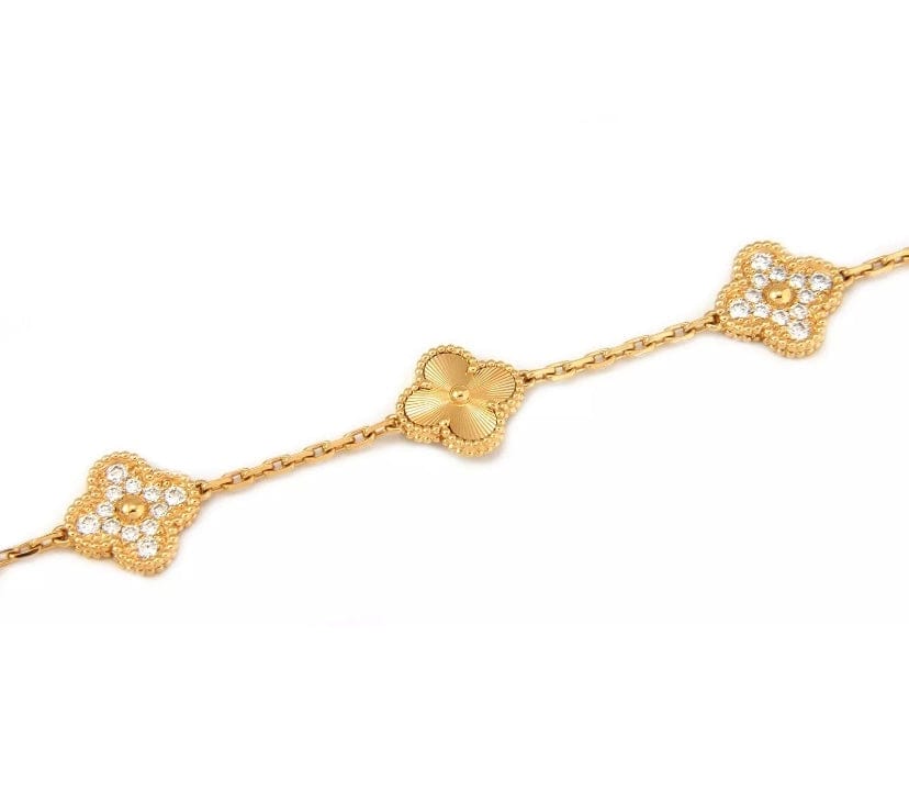 Van Cleef & Arpels Diamond-Paved Guilloche Vintage Alhambra 18Kt Gold Bracelet