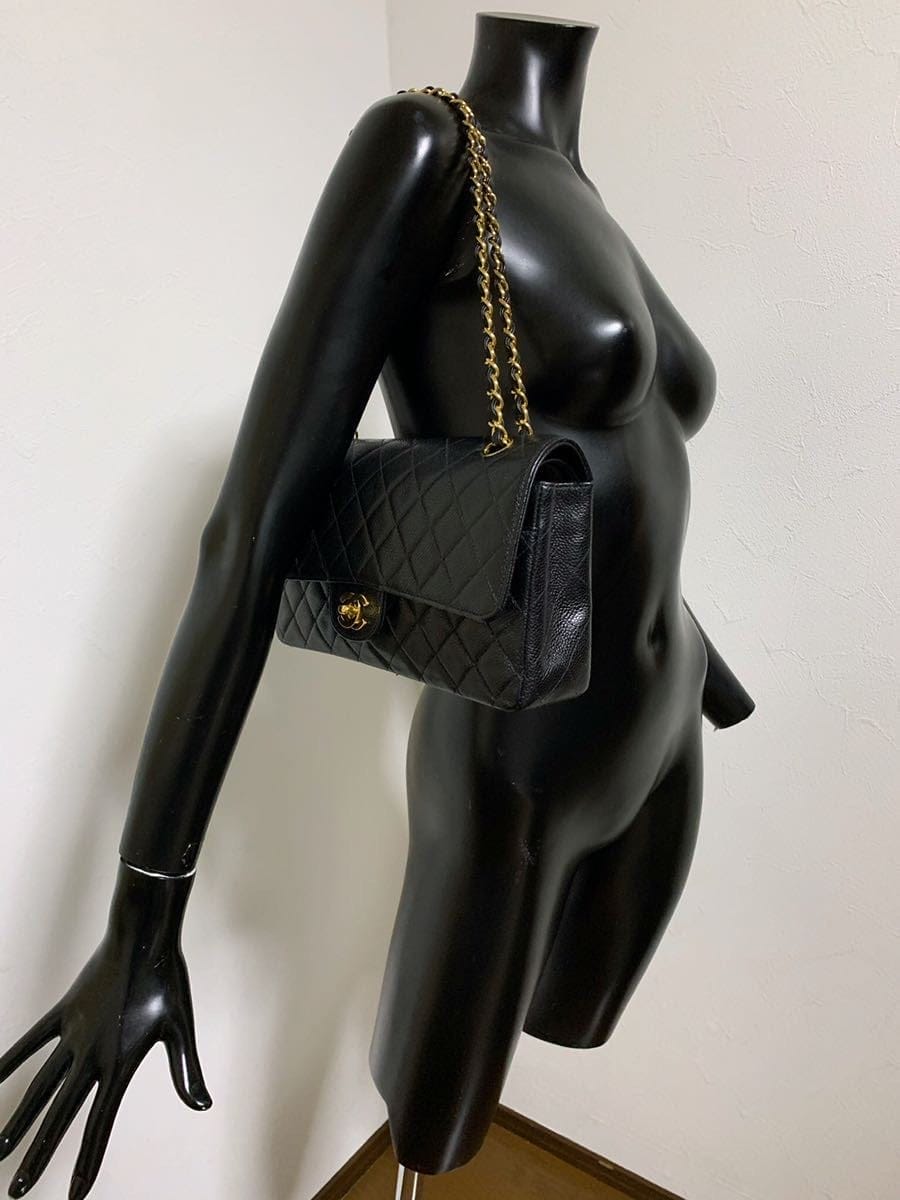CHANEL Black Caviar Double Flap Gold Hardware Shoulder Bag