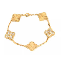 Van Cleef & Arpels Diamond-Paved Guilloche Vintage Alhambra 18Kt Gold Bracelet