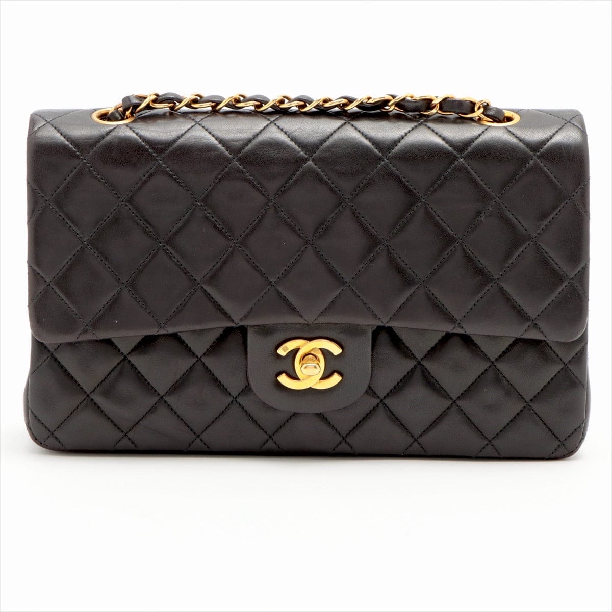 CHANEL Black Lambskin Leather 25cm Double Flap Bag w/ 24KT Gold Hardware
