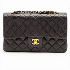CHANEL Black Lambskin Leather 25cm Double Flap Bag w/ 24KT Gold Hardware