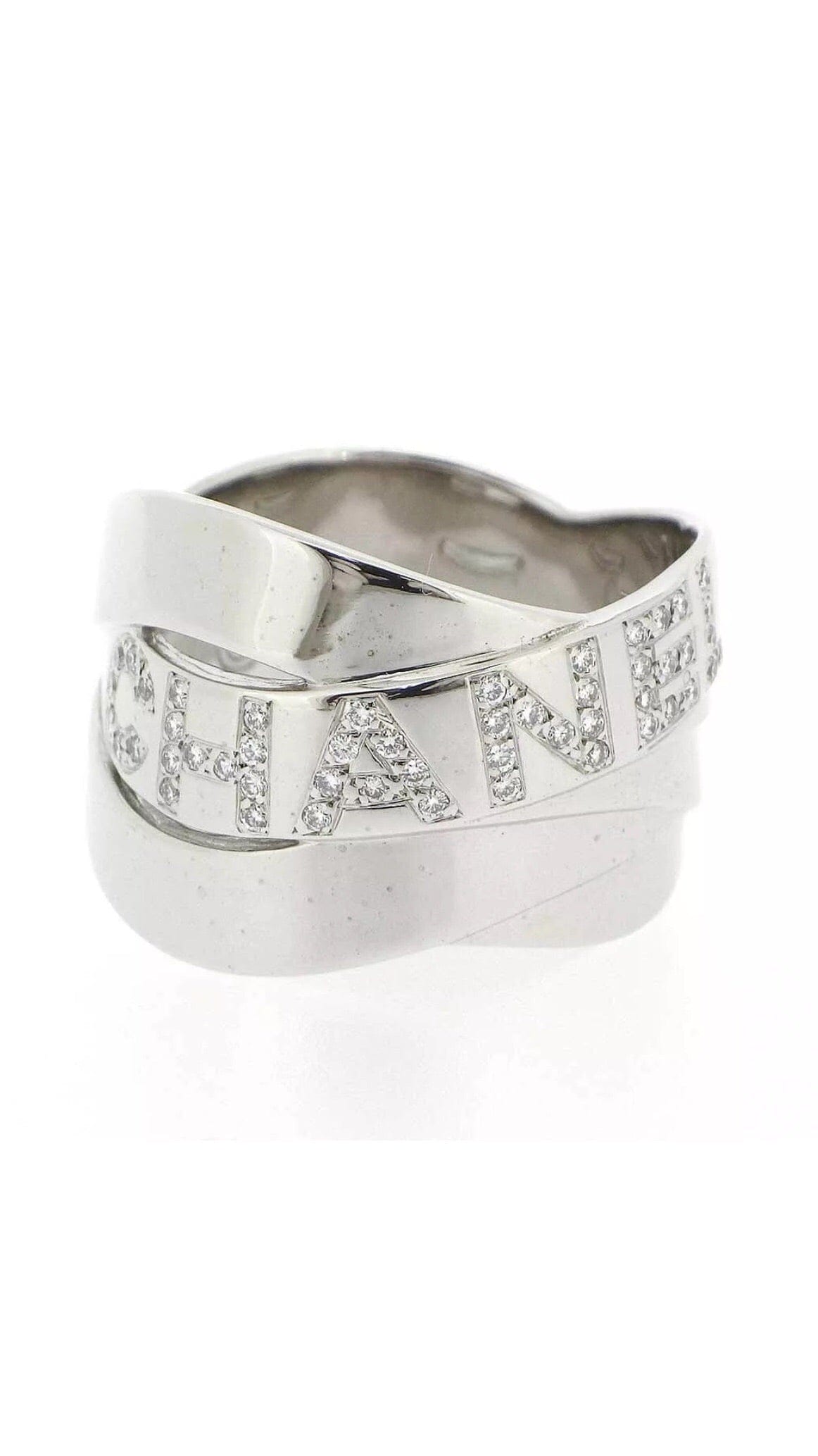 CHANEL Diamond CC Logo 18KT White Gold Buldoc Ring