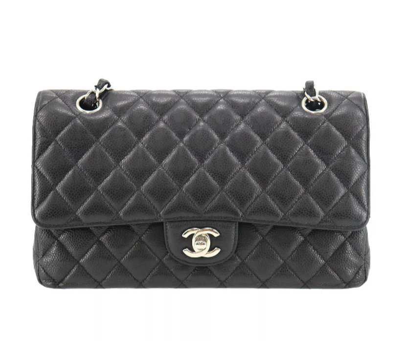 CHANEL Black Caviar Leather Silver Hardware 25 Double Flap Handbag