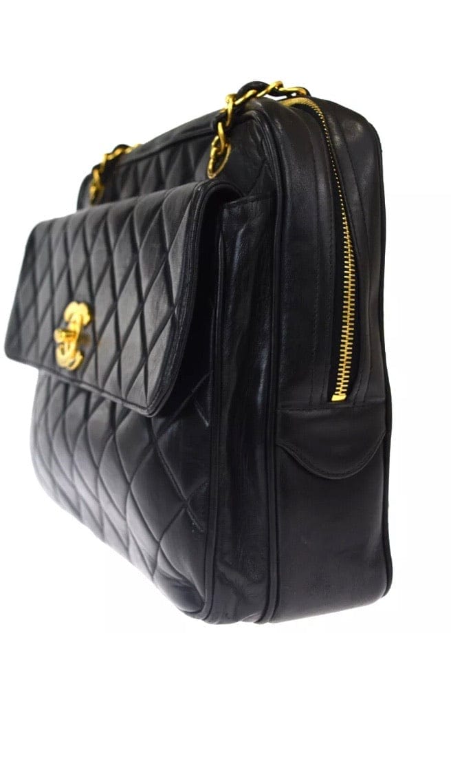 CHANEL Turn Lock Black Lambskin Tote Handbag
