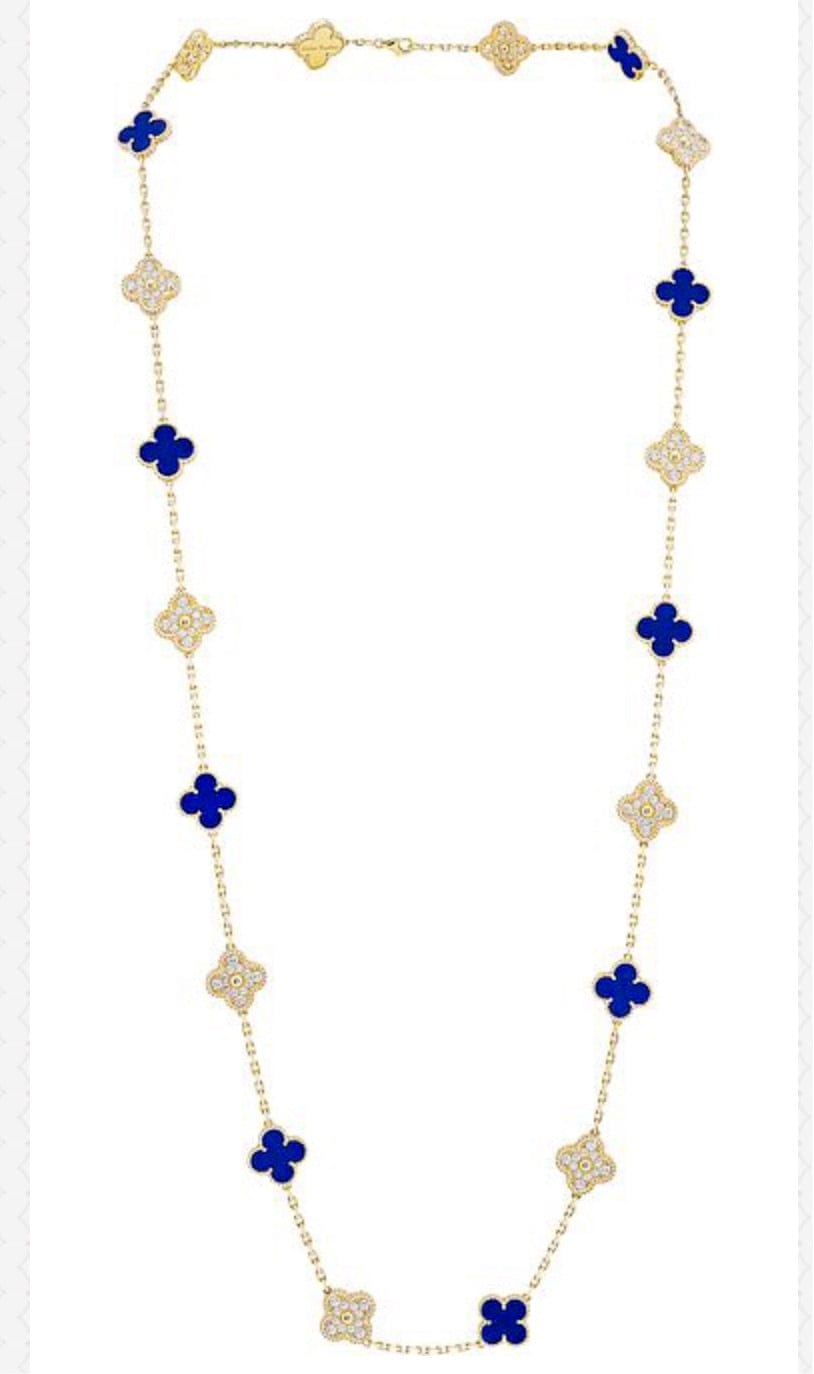 Rare Van Cleef & Arpels Paris Vendome Vintage Alhambra Diamond Blue Porcelain Necklace
