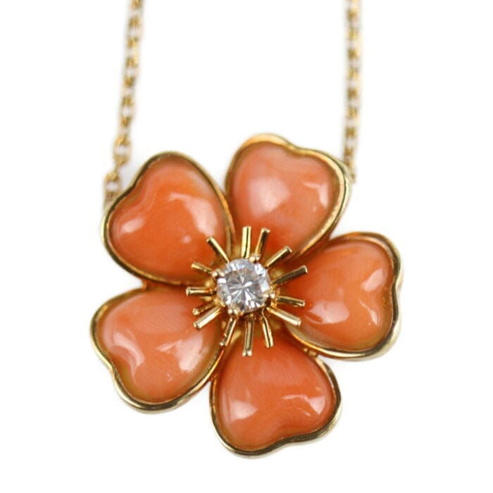 Rare Van Cleef & Arpels Nerval Diamond & Coral Yellow Gold Necklace