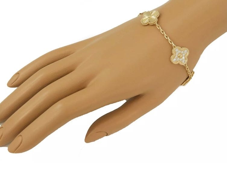 Van Cleef & Arpels Diamond-Paved Guilloche Vintage Alhambra 18Kt Gold Bracelet
