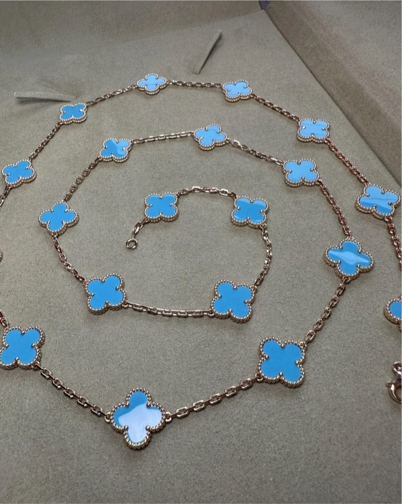 Van Cleef & Arpels Turquoise 18KT Yellow Gold Vintage Alhambra 20-Motif Necklace