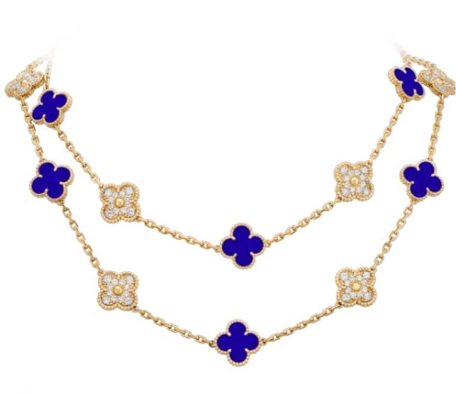 Rare Van Cleef & Arpels Paris Vendome Vintage Alhambra Diamond Blue Porcelain Necklace
