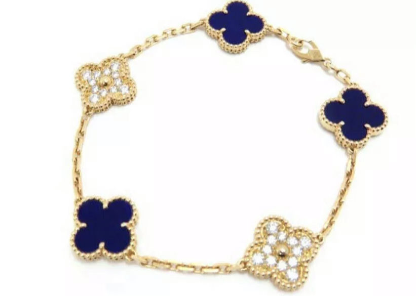 Van Cleef & Arpels Vintage Alhambra Diamond Sevres Porcelain 18KT Yellow Gold Bracelet