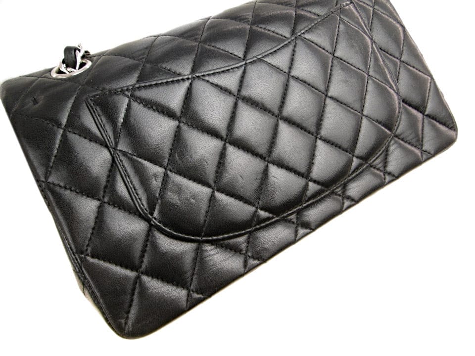 CHANEL Black Quilted Lambskin 23 Silver Hardware Double Flap Bag