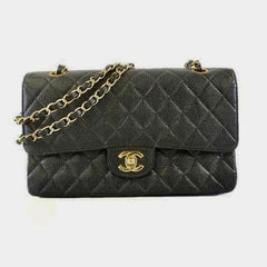CHANEL Caviar Leather 23cm Small Double Flap Gold Hardware Shoulder Handbag