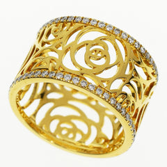 CHANEL Camellia Diamond Flowers Wide Gold Ring Size 7