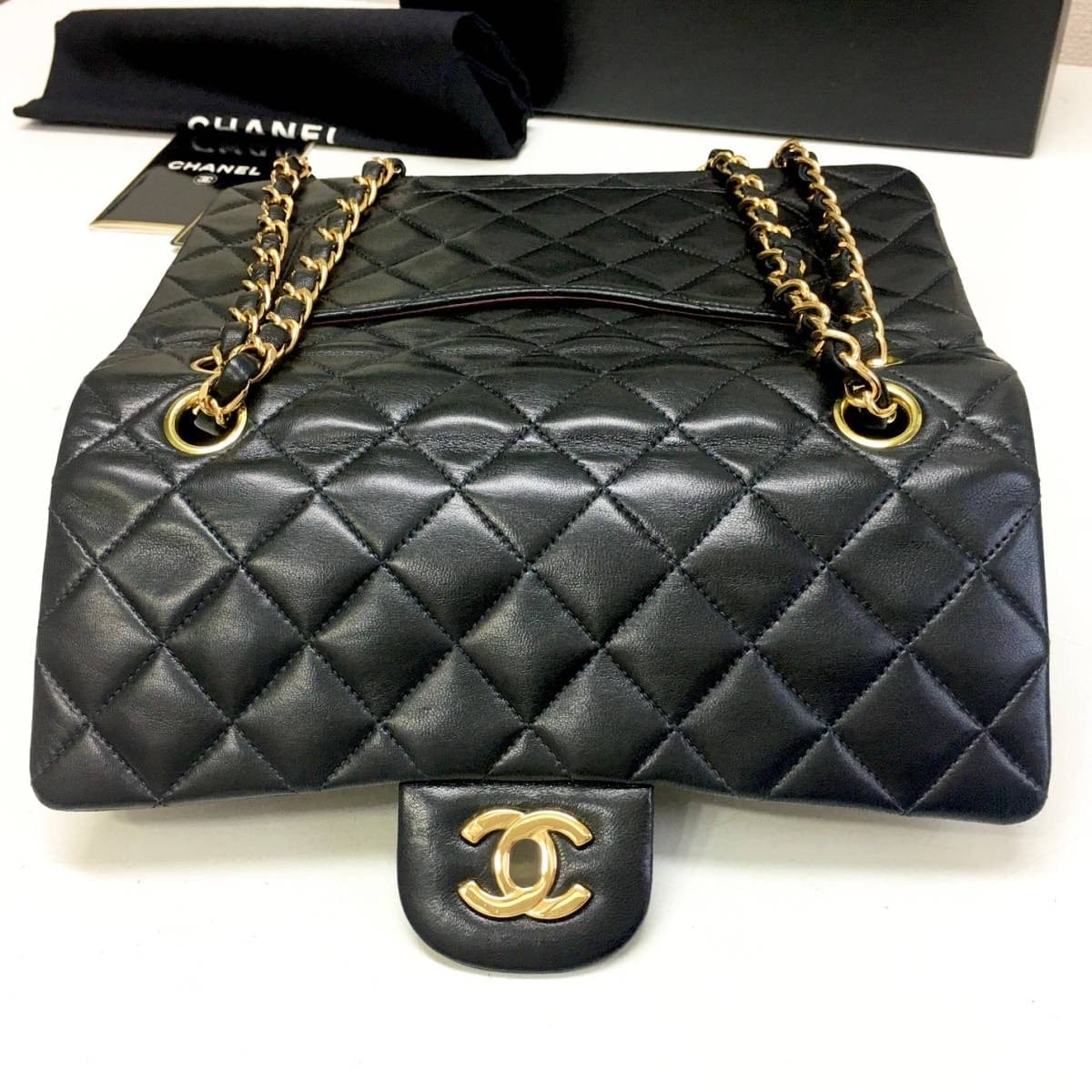 CHANEL Black Lambskin GHW Quilted Double Flap Handbag