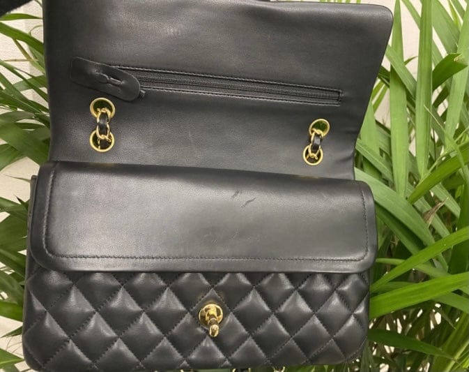 CHANEL Black Quilted Lambskin Double Flap Shoulder Handbag