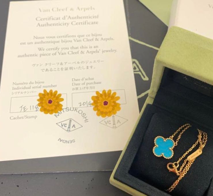 Van Cleef & Arpels Turquoise Vintage Alhambra 18KT Yellow Gold Necklace