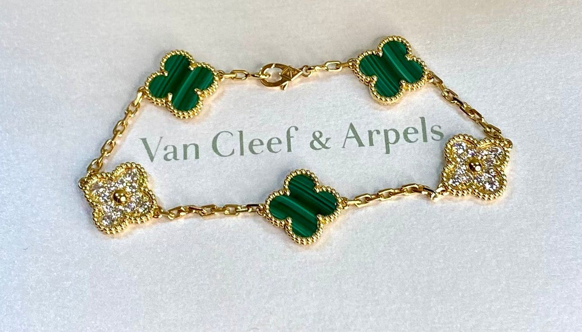 Van Cleef & Arpels Diamond Malachite Vintage Alhambra Yellow Gold Bracelet