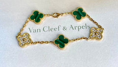 Van Cleef & Arpels Diamond Malachite Vintage Alhambra Yellow Gold Bracelet