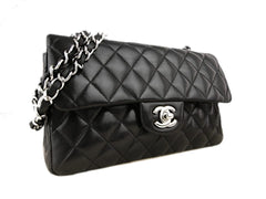 CHANEL Black Quilted Lambskin 23 Silver Hardware Double Flap Bag