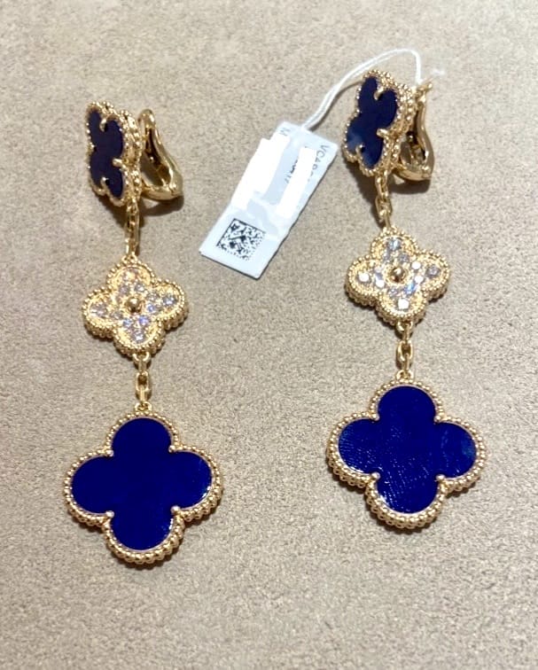 Van Cleef & Arpels Limited Edition Vendome Paris Diamond Blue Porcelain Alhambra Earrings