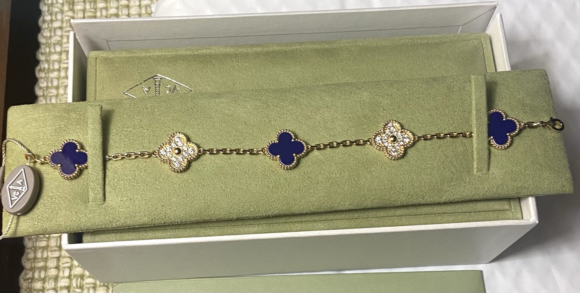 Van Cleef & Arpels Vintage Alhambra Diamond Sevres Porcelain 18KT Yellow Gold Bracelet