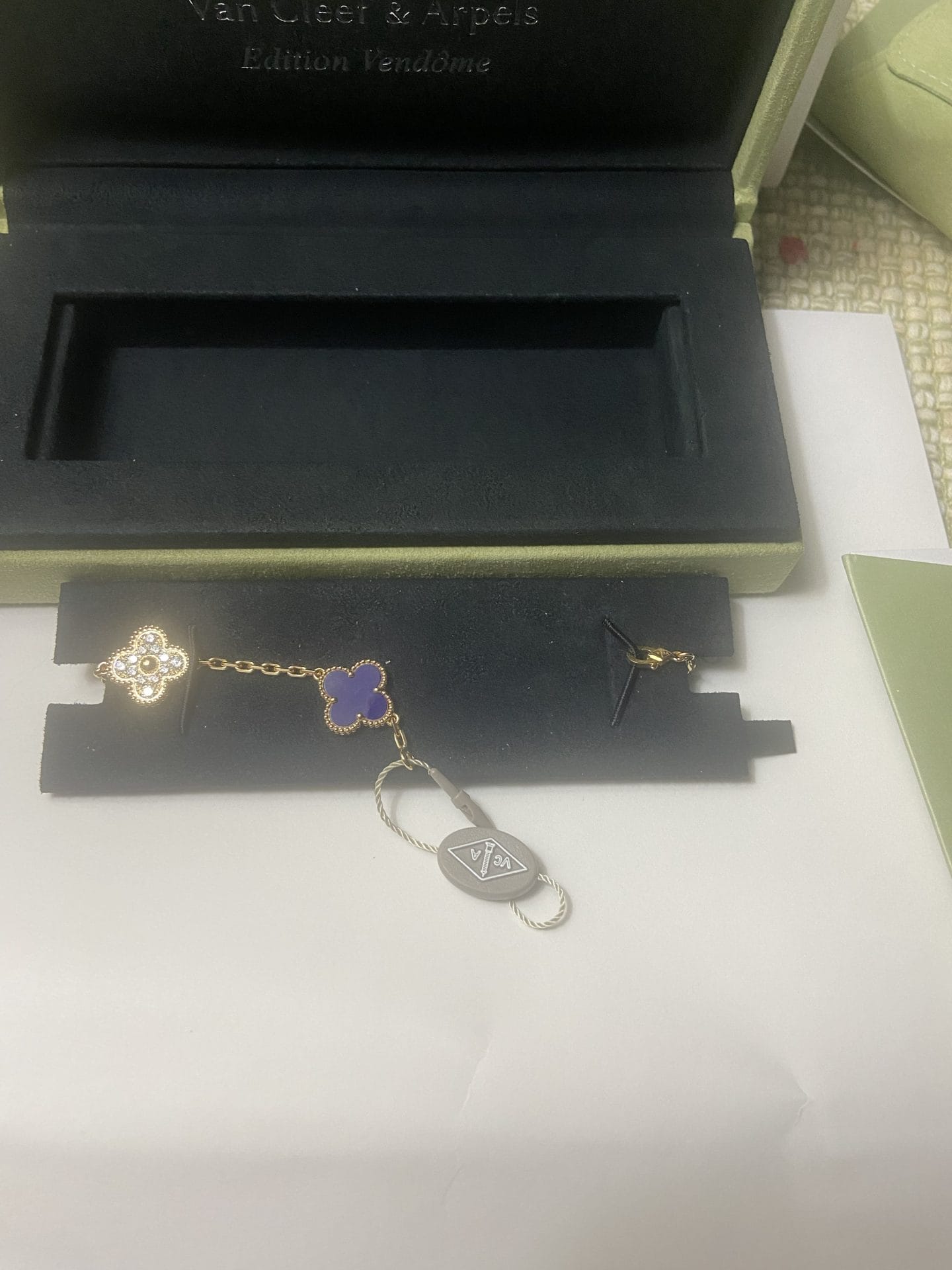 Van Cleef & Arpels Vintage Alhambra Diamond Sevres Porcelain 18KT Yellow Gold Bracelet
