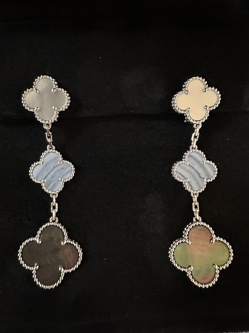 Van Cleef & Arpels Chalcedony, Mother of Pearl 3-Tier Magic Alhambra White Gold Earrings