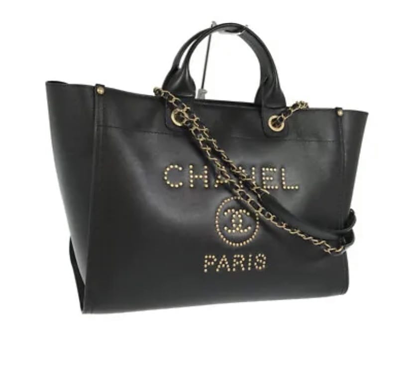 CHANEL Caviar Gold Hardware Studded Deauville GM Tote Handbag