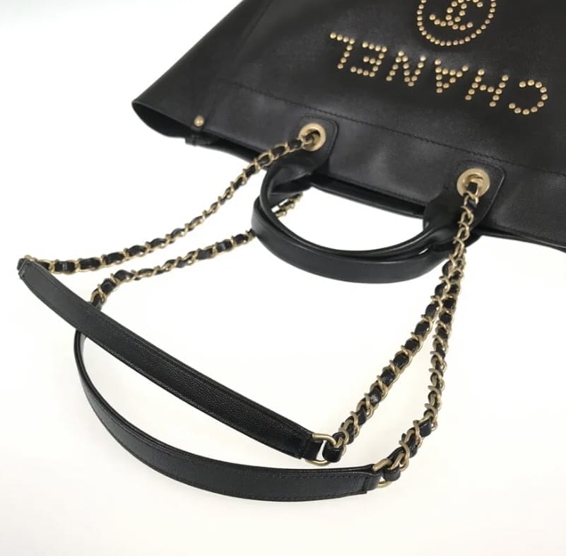 CHANEL Caviar Gold Hardware Studded Deauville GM Tote Handbag